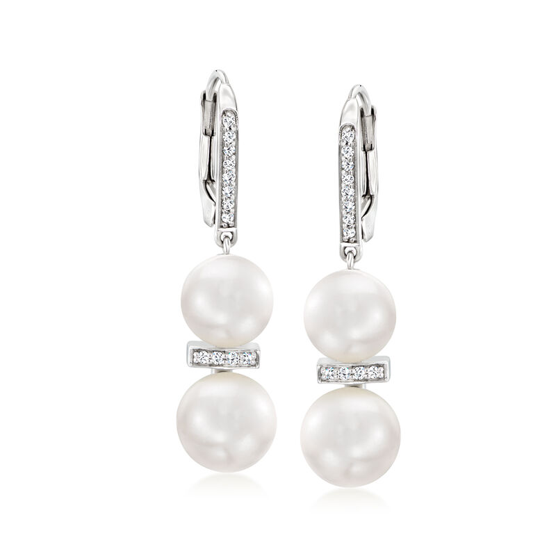 8-9mm Cultured Pearl and .16 ct. t.w. Diamond Drop Earrings in Sterling Silver image number 0