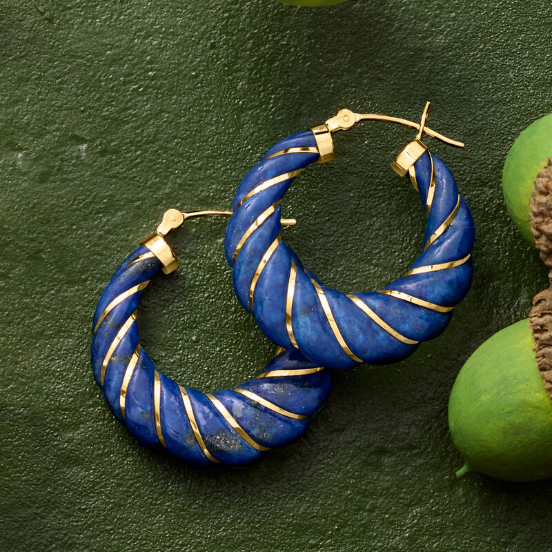 Carved Lapis Hoop Earrings with 14kt Yellow Gold. 1 1/8&quot; image number 5