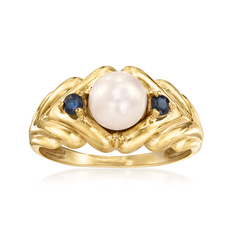 C. 1990 Vintage 6.5mm Cultured Pearl Ring with .15 ct. t.w. Sapphires in 14kt Yellow Gold. Size 7.5 image number 0