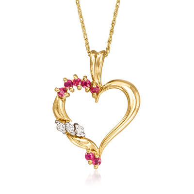 C. 1990 Vintage .35 ct. t.w. Ruby and .10 ct. t.w. Diamond Heart Pendant Necklace in 14kt Yellow Gold