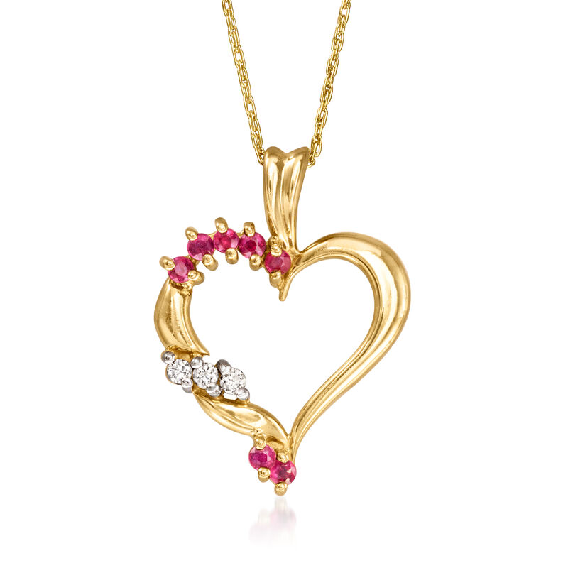 C. 1990 Vintage .35 ct. t.w. Ruby and .10 ct. t.w. Diamond Heart Pendant Necklace in 14kt Yellow Gold. 18" image number 0