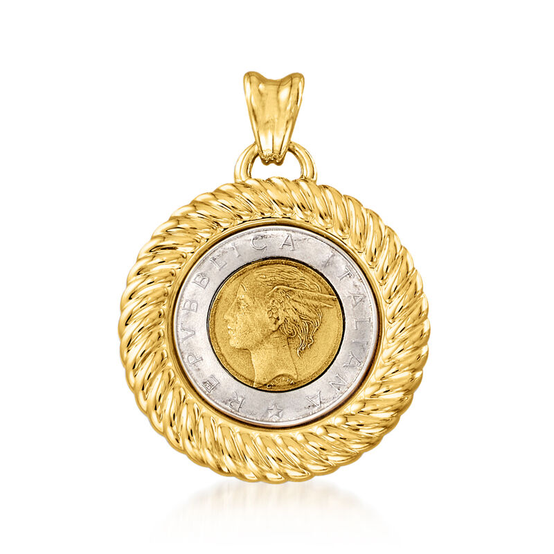 Italian Andiamo 14kt Yellow Gold Over Resin Genuine 500-Lira Coin Pendant image number 0