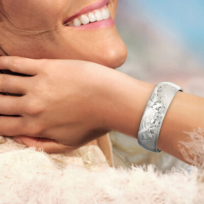 Sterling Silver Floral Wide Bangle Bracelet
