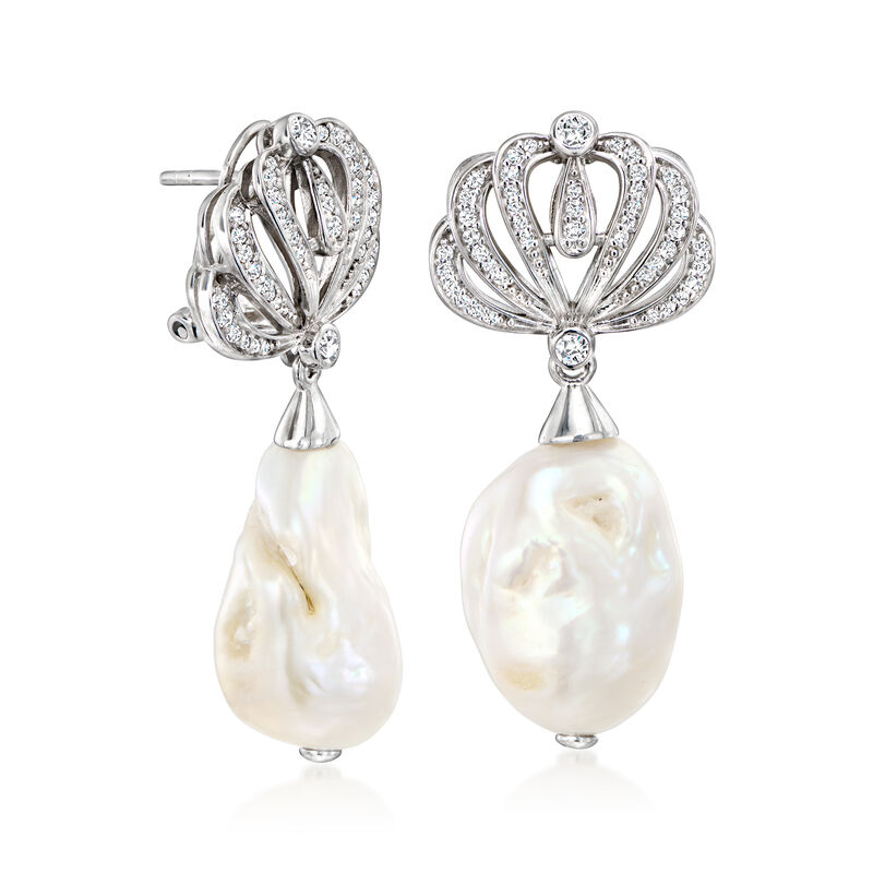 Italian 12-16mm Cultured Baroque Pearl and .40 ct. t.w. CZ Seashell Drop Earrings in Sterling Silver image number 2