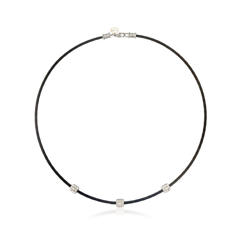 ALOR &quot;Noir&quot; .14 ct. t.w. Diamond Station Black Cable Necklace with 18kt White Gold. 17.5&quot; image number 1