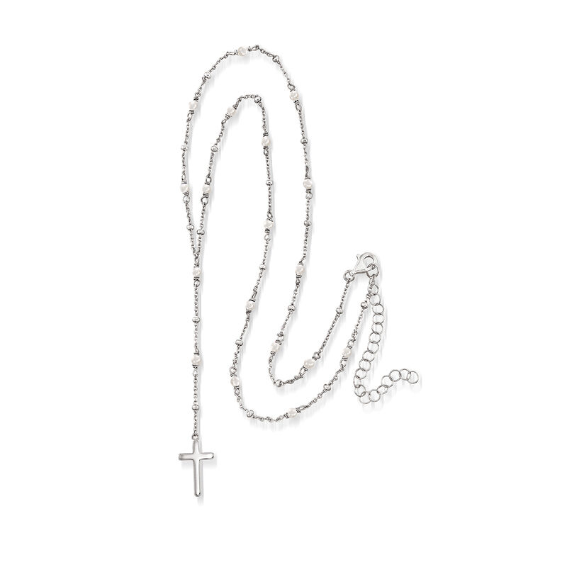 2.6mm Cultured Pearl Rosary Beads with Cross Necklace in Sterling Silver. 16&quot; image number 2
