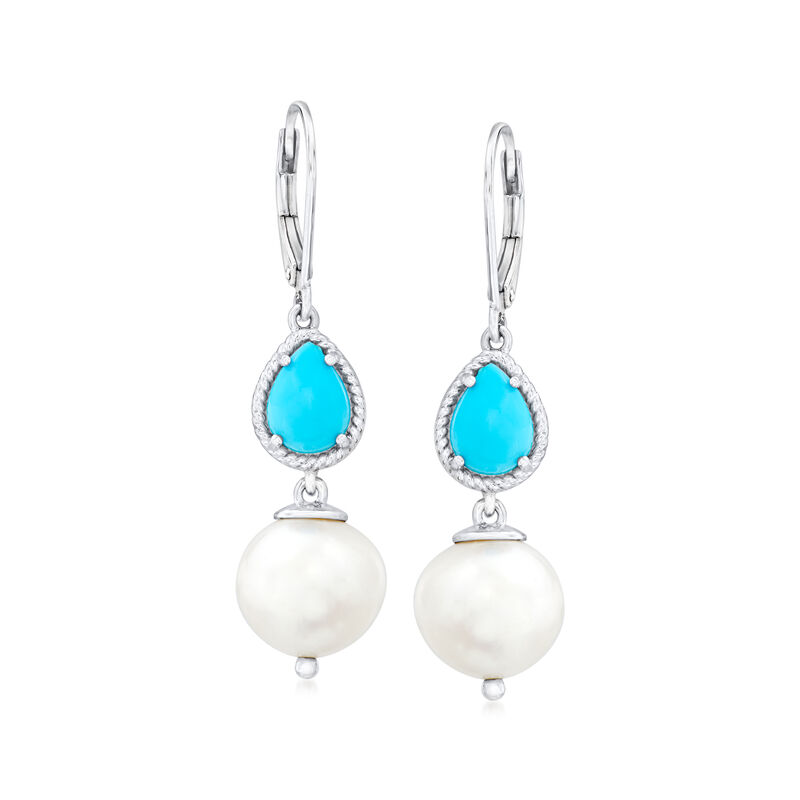 Sleeping Beauty Turquoise and 10-11mm Cultured Pearl Drop Earrings in Sterling Silver image number 0