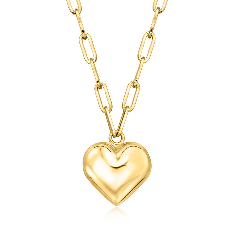 Italian 14kt Yellow Gold Puffed Heart Paper Clip Link Necklace. 18&quot; image number 1