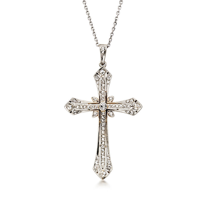 C. 1940 Vintage .83 ct. t.w. Diamond Filigree Cross Pendant Necklace in Platinum and 18kt Yellow Gold. 24" image number 0