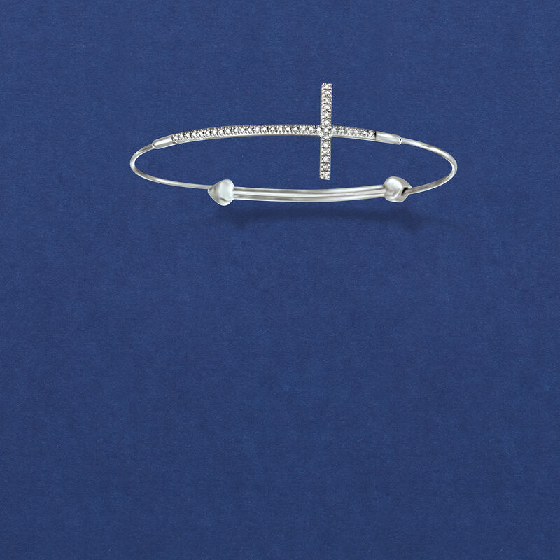 Diamond Sideways Cross Bangle Bracelet in Sterling Silver image number 3