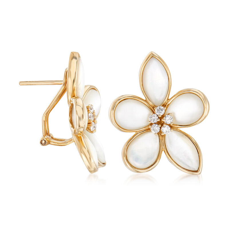 Mother-Of-Pearl and .40 ct. t.w. Diamond Flower Earrings in 14kt Yellow Gold image number 2