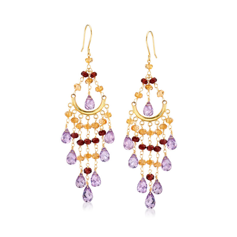 18.00 ct. t.w. Amethyst and 5.50 ct. t.w. Citrine with 3.20 ct. t.w. Garnet Chandelier Earrings in 14kt Yellow Gold image number 0