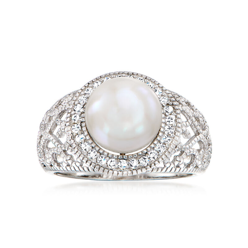 9-9.5mm Cultured Pearl and .30 ct. t.w. White Topaz Ring in Sterling Silver image number 0