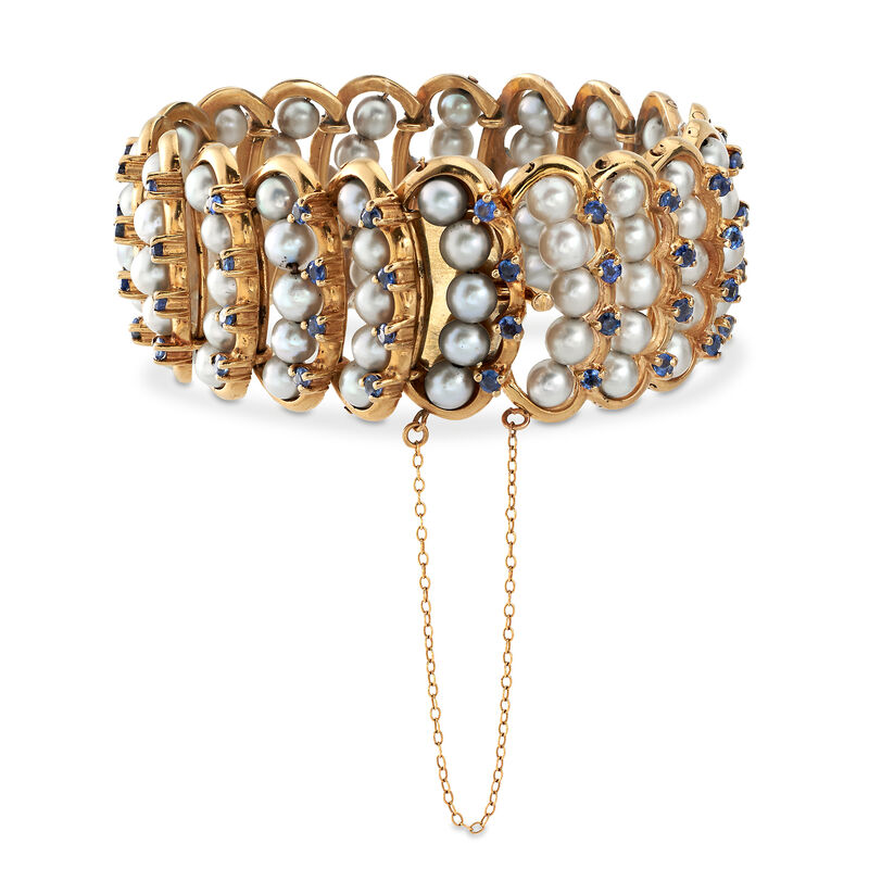C. 1970 Vintage 5-5.5mm Cultured Pearl and 6.00 ct. t.w. Sapphire Bracelet in 14kt Yellow Gold image number 2