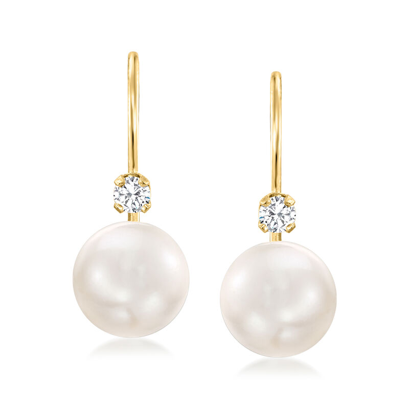 7-7.5mm Cultured Akoya Pearl Drop Earrings with .10 ct. t.w. Diamonds in 14kt Yellow Gold  image number 0