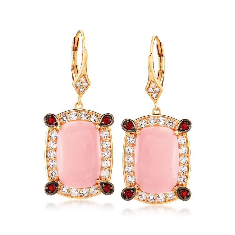 Pink Opal, 1.50 ct. t.w. White Topaz and .10 ct. t.w. Garnet Drop Earrings in 18kt Gold Over Sterling image number 0