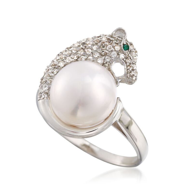 10-11mm Cultured Pearl and 1.00 ct. t.w. White Topaz Panther Ring in Sterling Silver image number 3