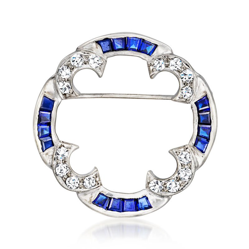 C. 1980 Vintage 1.60 ct. t.w. Sapphire and 1.00 ct. t.w. Diamond Circle Pin in 14kt White Gold  image number 0