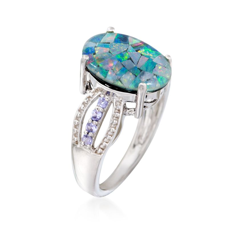 Blue Mosaic Opal Triplet and .20 ct. t.w. Tanzanite Ring in Sterling Silver image number 2