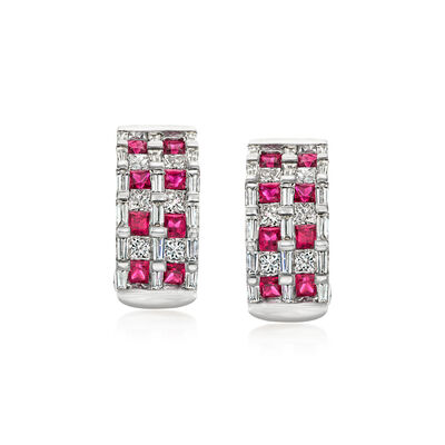 C. 1990 Vintage 2.80 ct. t.w. Diamond and 1.60 ct. t.w. Ruby Curved Earrings in 18kt White Gold