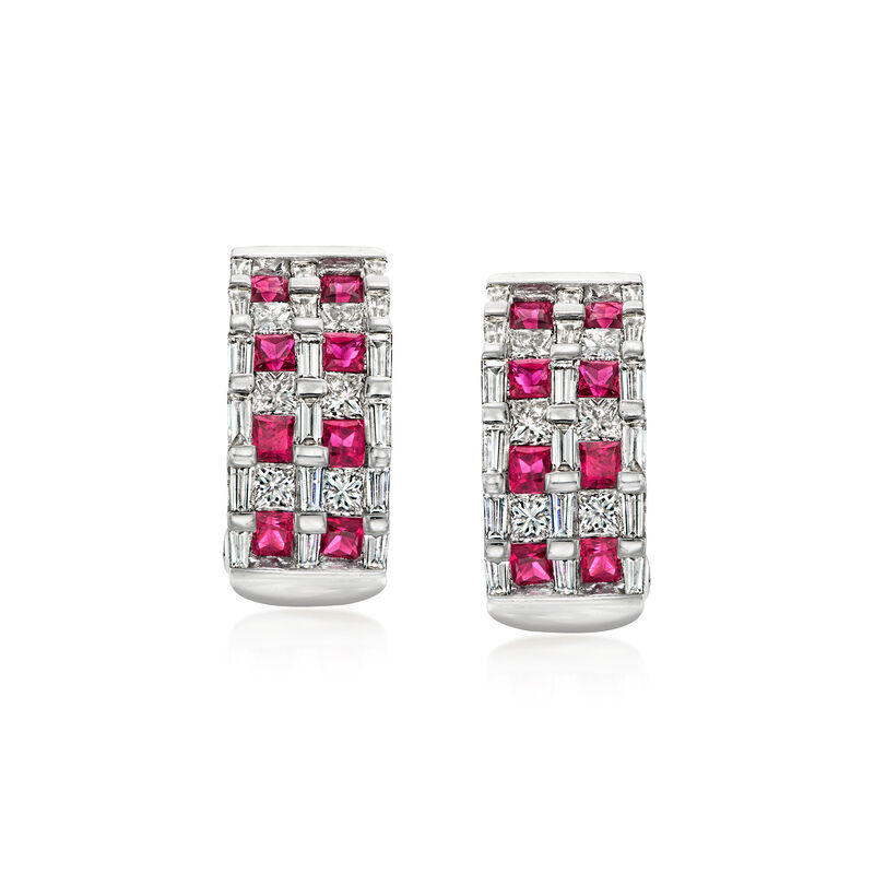 C. 1990 Vintage 2.80 ct. t.w. Diamond and 1.60 ct. t.w. Ruby Curved Earrings in 18kt White Gold image number 0