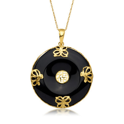 C. 1990 Vintage Onyx Butterfly Pendant Necklace in 14kt Yellow Gold