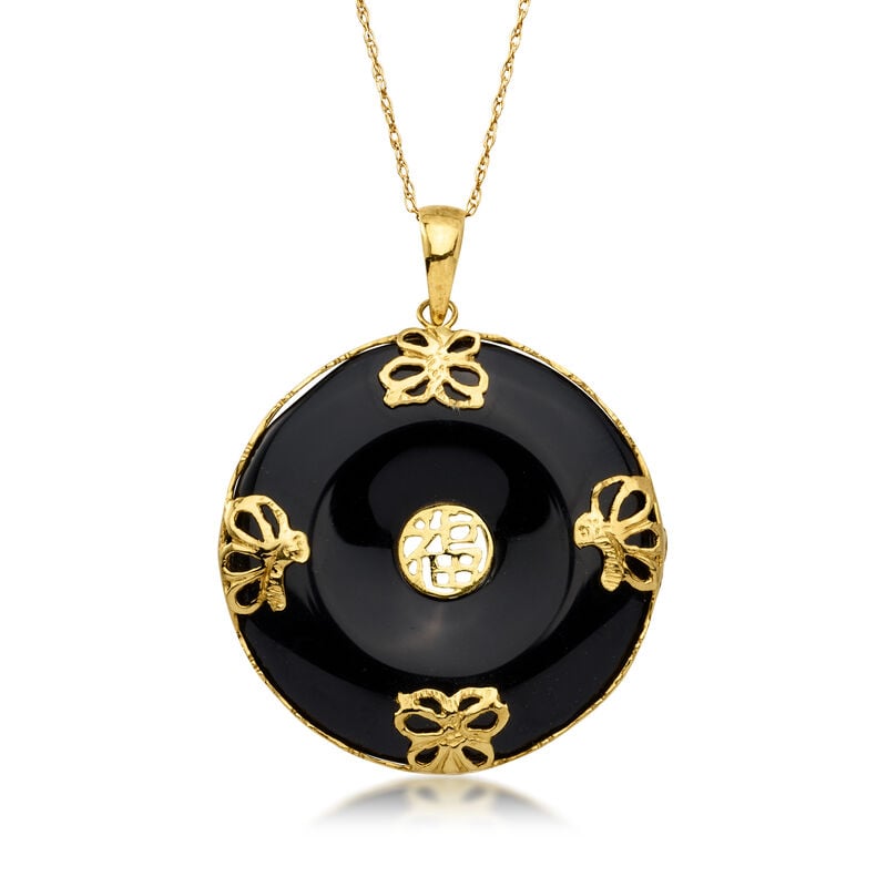 C. 1990 Vintage Onyx Butterfly Pendant Necklace in 14kt Yellow Gold. 18" image number 0