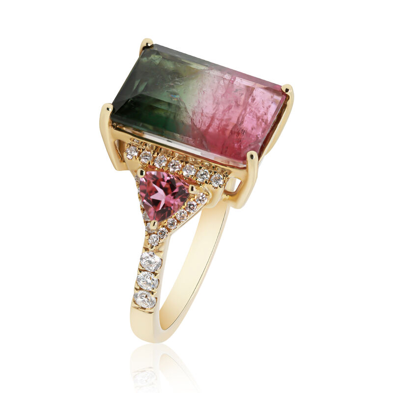 6.50 Carat Watermelon Tourmaline Ring with .40 ct. t.w. Pink Tourmaline and .30 ct. t.w. Diamonds in 14kt Yellow Gold image number 1