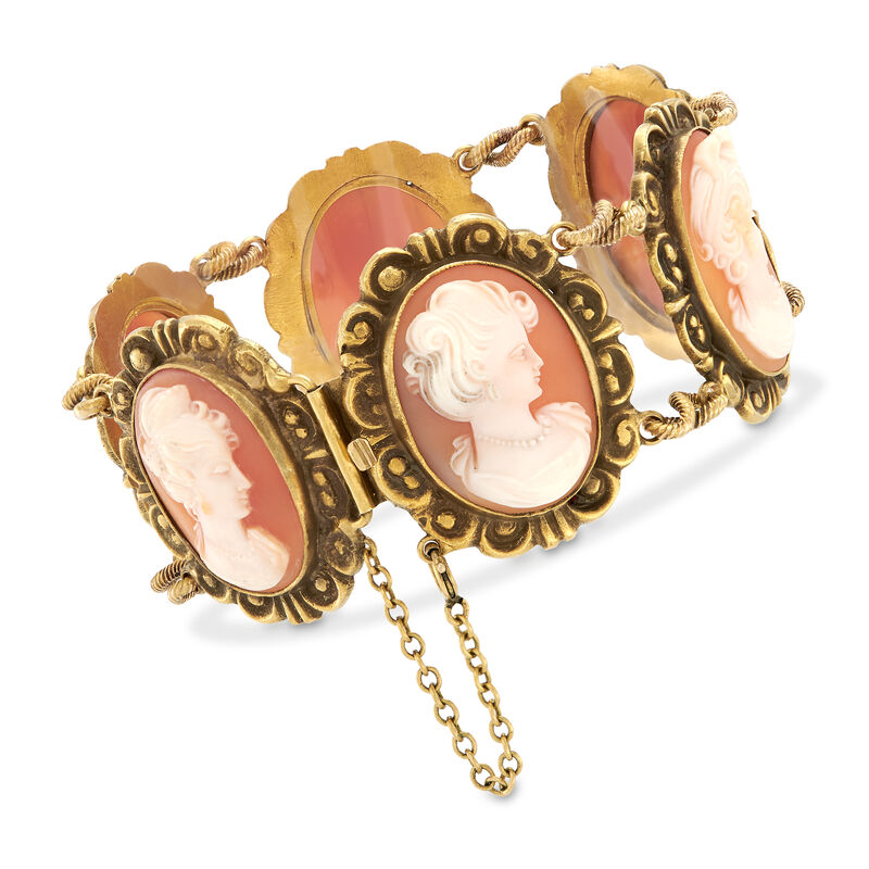 C. 1970 Vintage Pink Shell Multi-Cameo Bracelet in 14kt Yellow Gold. 7.75&quot;  image number 2