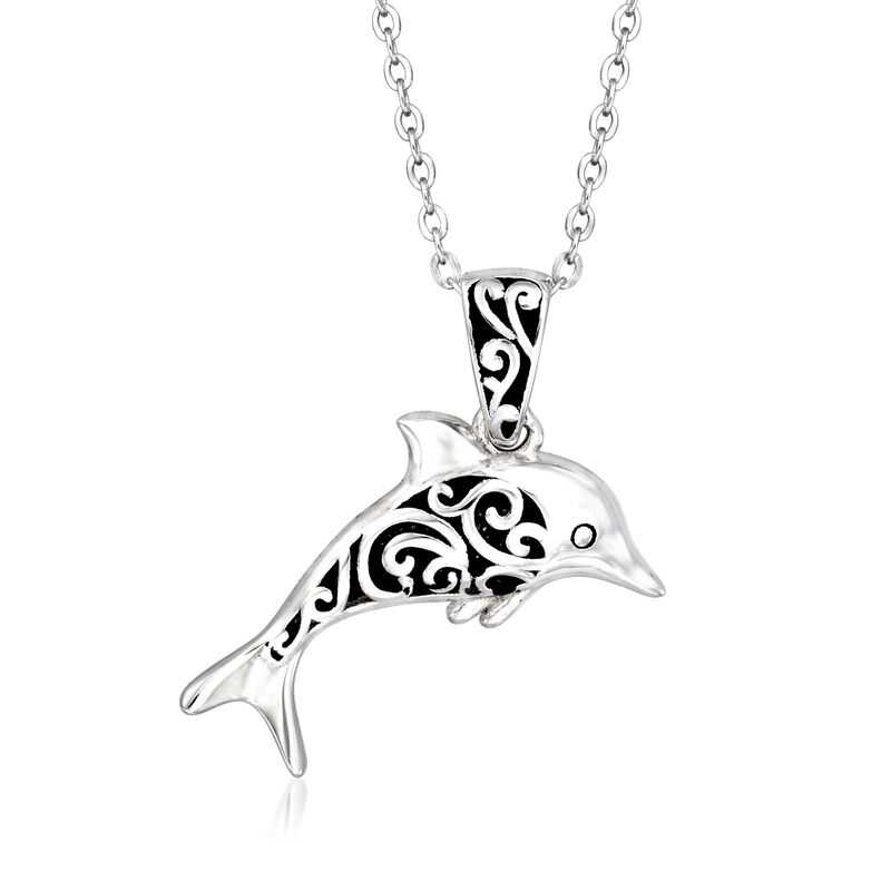 Sterling Silver and Black Enamel Dolphin Jewelry Set: Earrings and Pendant Necklace. 18&quot; image number 3