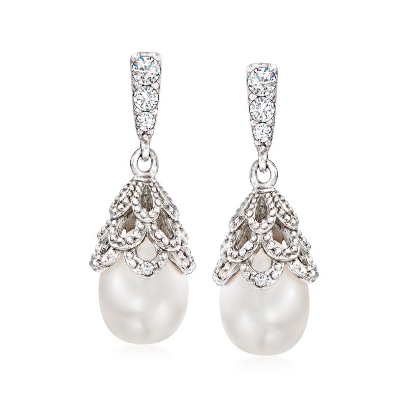 7-7.5mm Cultured Pearl and .15 ct. t.w. CZ Drop Earrings in Sterling Silver  image number 0