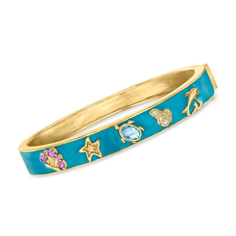 .96 ct. t.w. Multi-Gemstone and Blue Enamel  Sea Life Bangle Bracelet in 18kt Gold Over Sterling image number 0