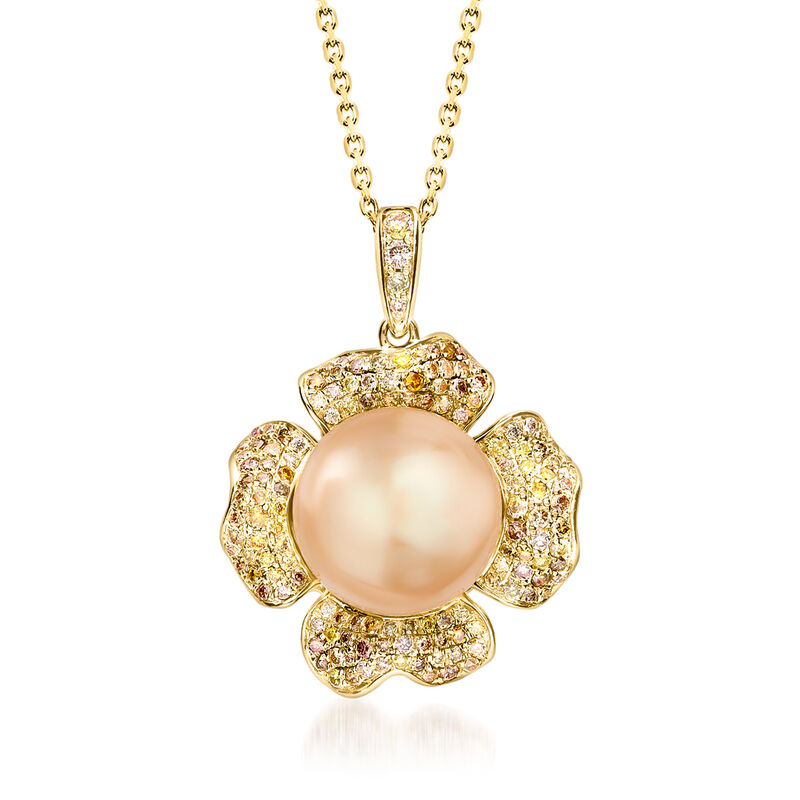 11-12mm Golden Cultured South Sea Pearl and .79 ct. t.w. Diamond Flower Pendant Necklace in 14kt Yellow Gold. 16" image number 0