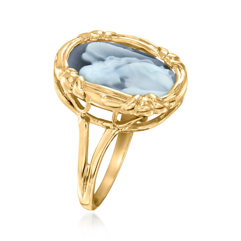 C. 1980 Vintage Blue Agate Angel Cameo Ring in 14kt Yellow Gold. Size 5.75 image number 2