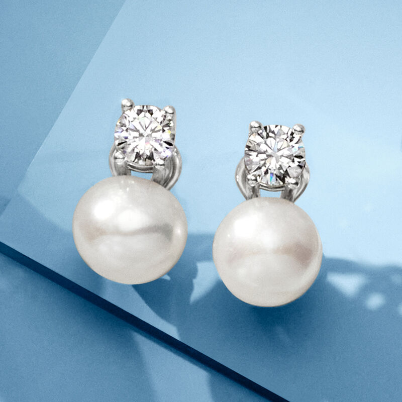 Italian 10.5-11mm Cultured Pearl and 1.50 ct. t.w. CZ Drop Earrings in Sterling Silver image number 3