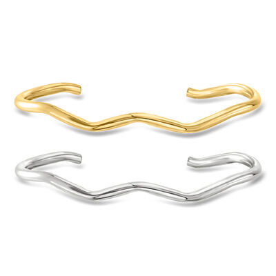 Italian Sterling Silver and 18kt Gold Vermeil Jewelry Set: Two Wavy Cuff Bracelets
