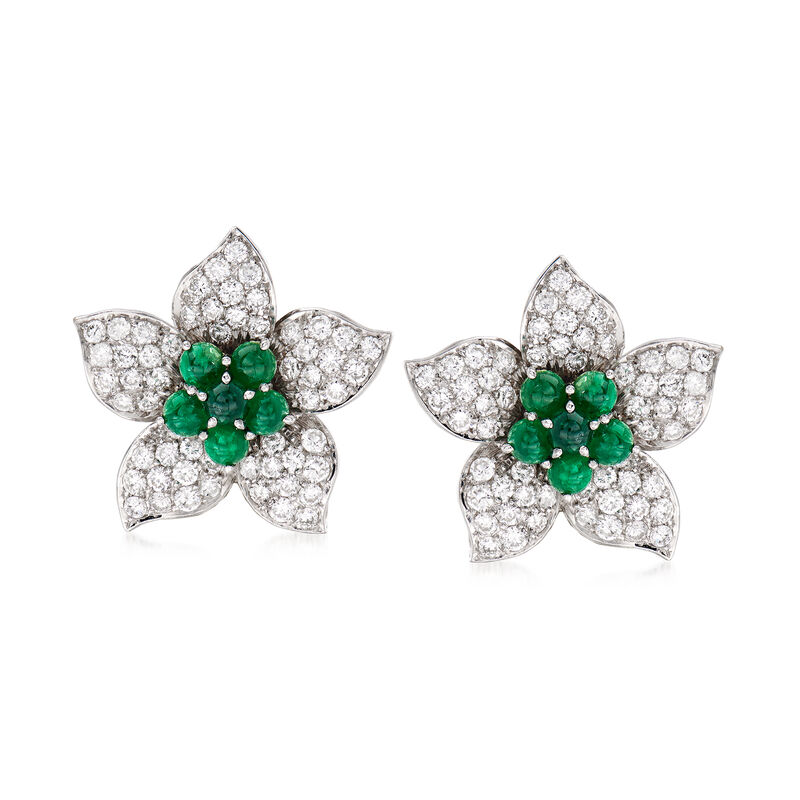 C. 1980 Vintage 4.40 ct. t.w. Diamond and 2.40 ct. t.w. Emerald Flower Earrings in 18kt White Gold image number 0