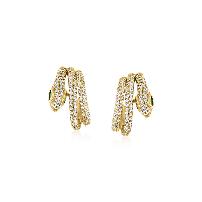 1.10 ct. t.w. CZ and .20 ct. t.w. Simulated Emerald Snake C-Hoop Earrings in 18kt Gold Over Sterling. 1/2&quot; image number 0