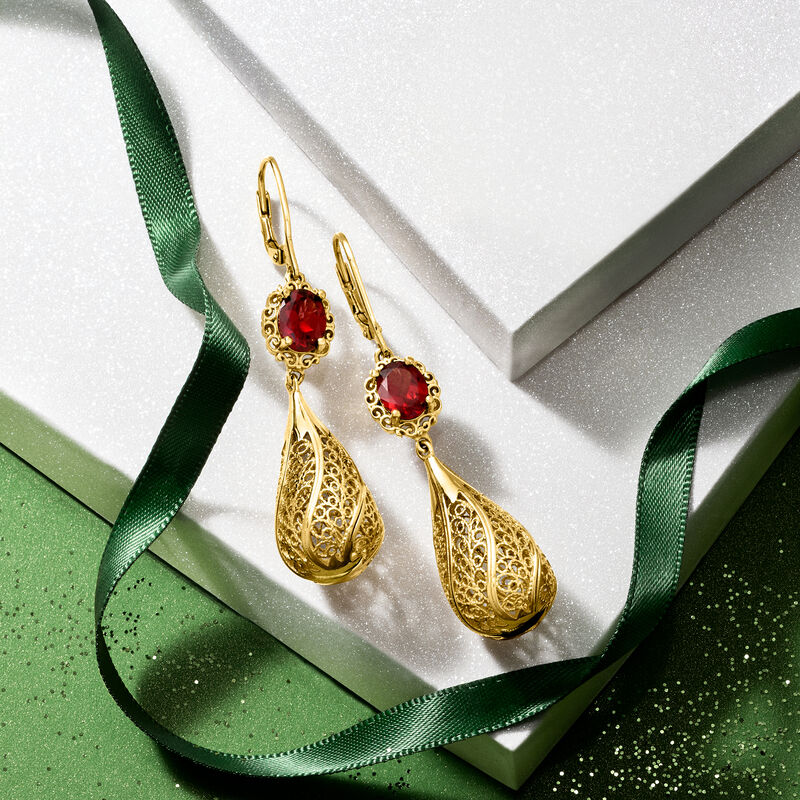 4.00 ct. t.w. Garnet Filigree Drop Earrings in 18kt Gold Over Sterling  image number 2
