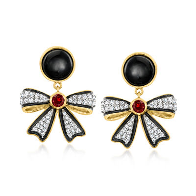 Onyx, .40 ct. t.w. White Topaz and .10 ct. t.w. Garnet Bow Drop Earrings with Black Enamel in 18kt Gold Over Sterling
