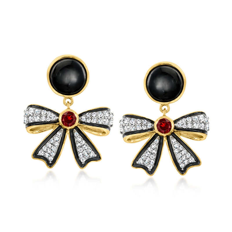 Onyx, .40 ct. t.w. White Topaz and .10 ct. t.w. Garnet Bow Drop Earrings with Black Enamel in 18kt Gold Over Sterling image number 1