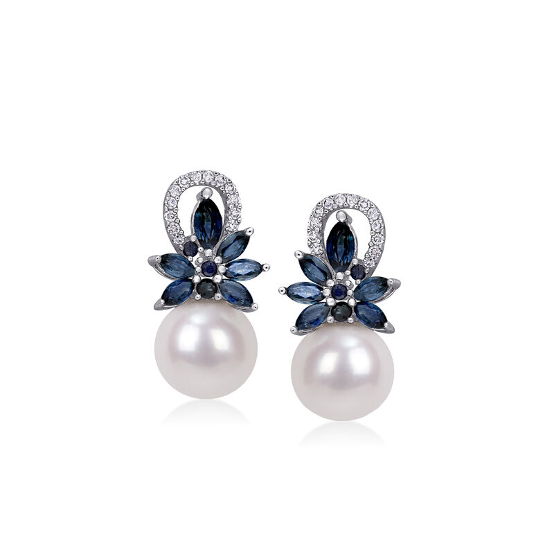 9-9.5mm Cultured Pearl, 1.66 ct. t.w. Sapphire and .13 ct. t.w. Diamond Flower Drop Earrings in 14kt White Gold image number 0