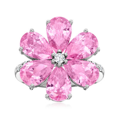 6.00 ct. t.w. Simulated Pink Sapphire Flower Ring with .20 ct. t.w. CZs in Sterling Silver