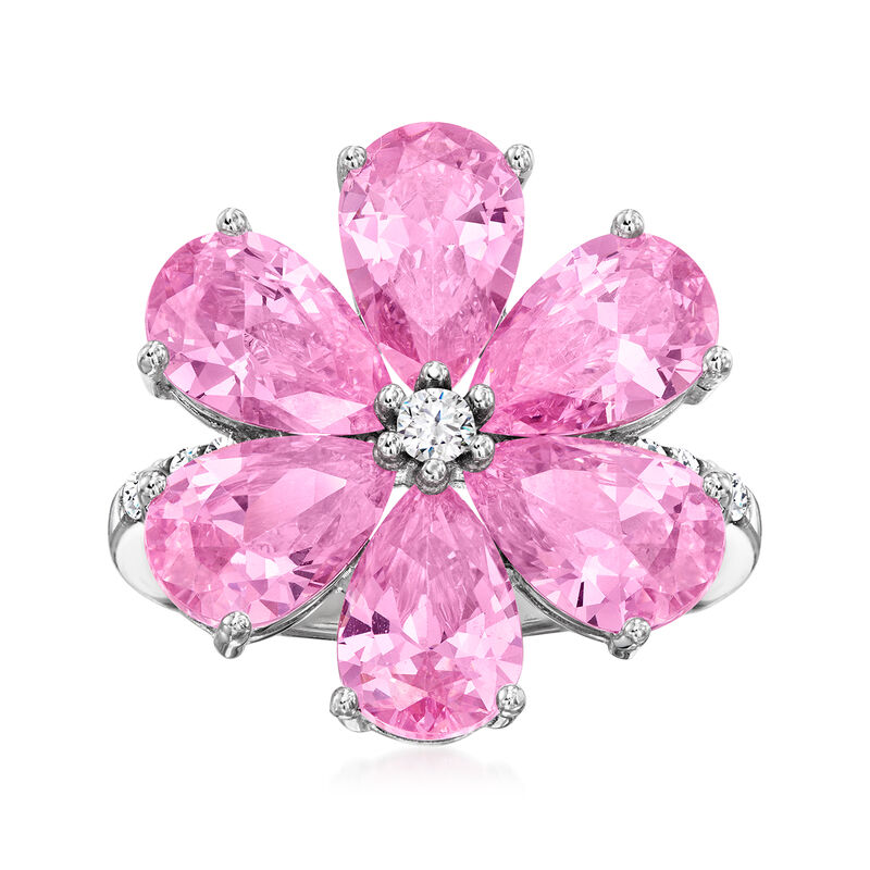 6.00 ct. t.w. Simulated Pink Sapphire Flower Ring with .20 ct. t.w. CZs in Sterling Silver image number 0