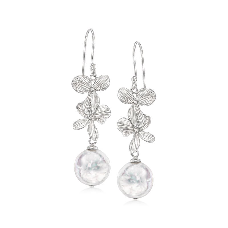 12-12.5mm Cultured Coin Pearl Flower Drop Earrings in Sterling Silver  image number 0