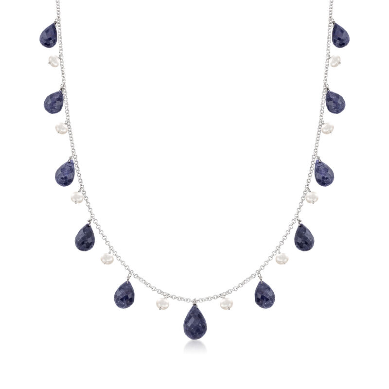 4-5mm Cultured Pearl and 40.00 ct. t.w. Sapphire Bead Necklace in Sterling Silver image number 0