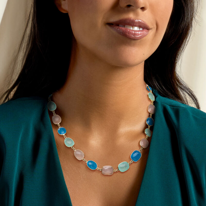 Pink and Tonal Blue Chalcedony Necklace in 18kt Gold Over Sterling. 20" image number 0