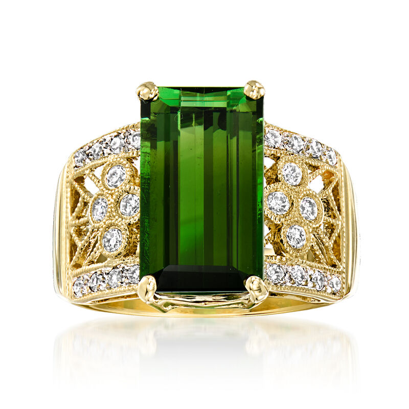 C. 1990 Vintage 4.65 Carat Green Tourmaline Ring with .29 ct. t.w. Diamonds in 18kt Yellow Gold. Size 6 image number 0