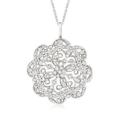C. 1990 Vintage .80 ct. t.w. Diamond Filigree Pin/Pendant Necklace in 14kt White Gold