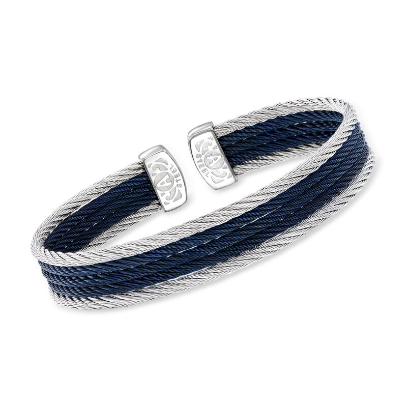 ALOR "Classique" Blue and Gray Stainless Steel Cable Cuff Bracelet image number 0